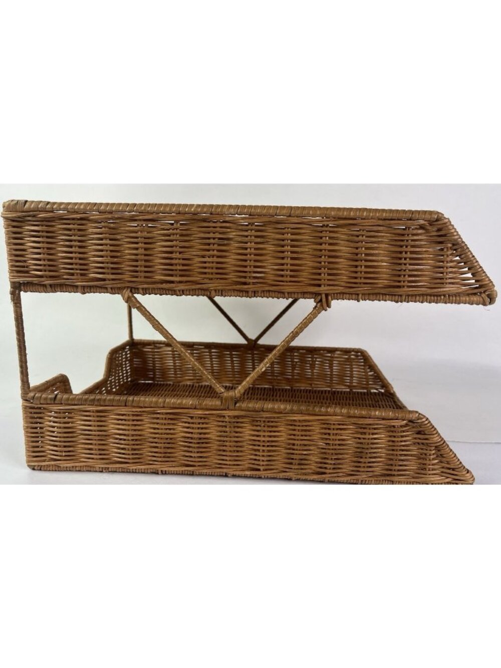 Vintage 2 Tier Natural Rattan Wicker Paper Letter Tray Office Desk Organizer 14"